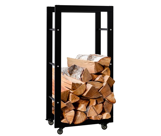 Conforama Soporte para leña Keri con ruedas Metal Negro 25X40X80 cm