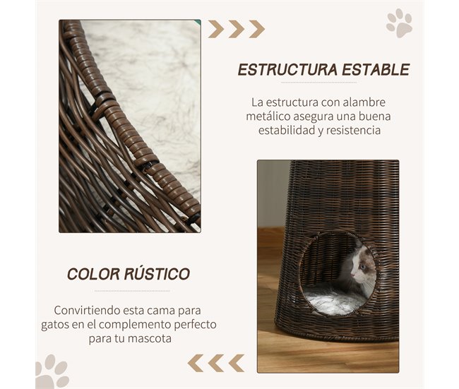Cesta de Mimbre para Gatos Ratán PE, Metal y Poliéster PawHut Marron
