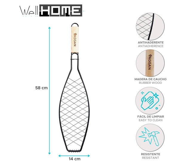 WELL HOME - Parrilla Grill para pescado mango de madera Negro