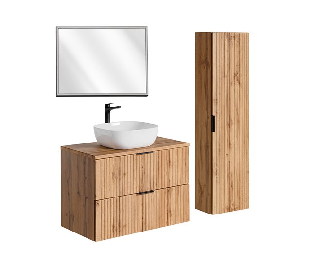 Conjunto de muebles con lavabo espejo LED y columna Adriel 80 Madera