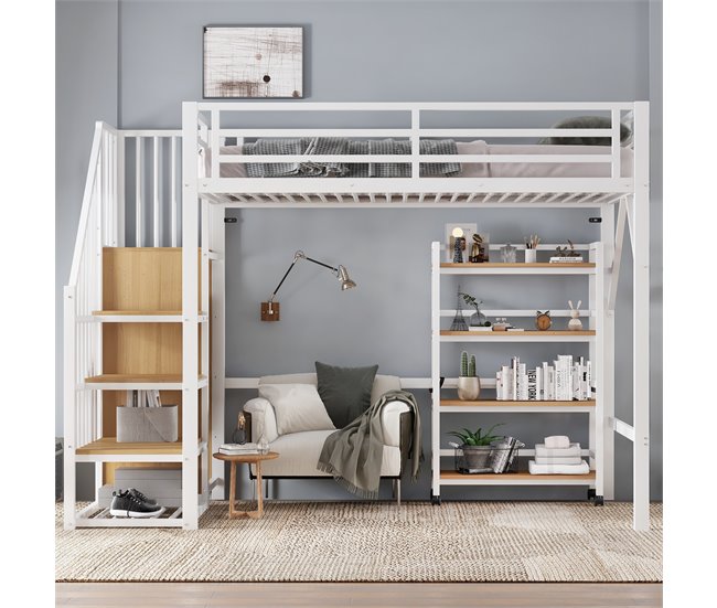 Cama alta de metal Natural/ Blanco