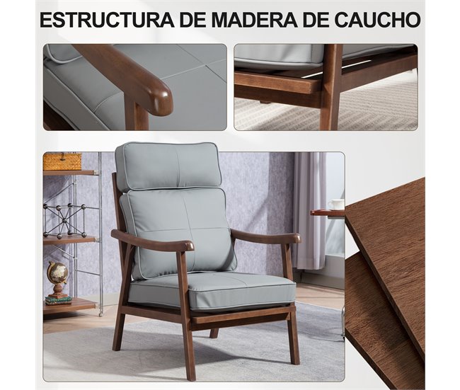 Butaca de Salón PU, Madera de Caucho HOMCOM Gris