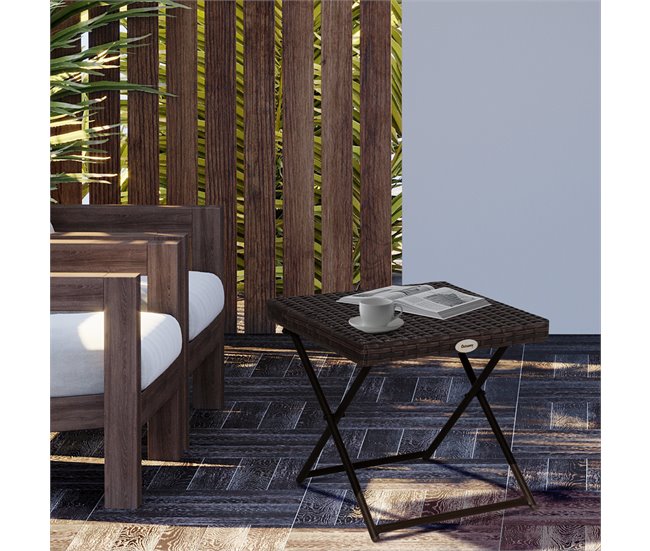 Mesa Cuadrada Plegable Ratán PE, Acero Outsunny 40x40 Marron