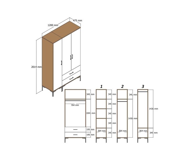 Armário de 3 portas com efeito madeira 120 Blanco/ Madera