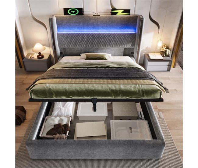 Cama con almacenaje de lino Gris