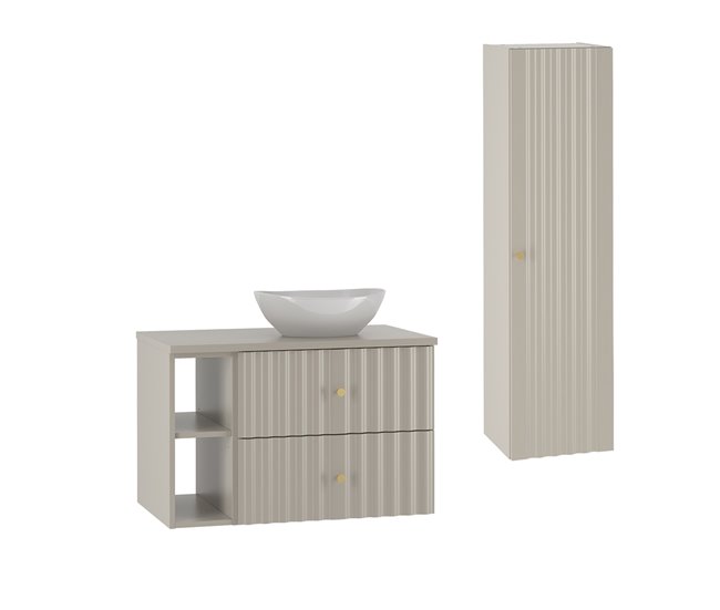 Conjunto de muebles con lavabo individual 2 compartimientos y columna Izae 80 Beige