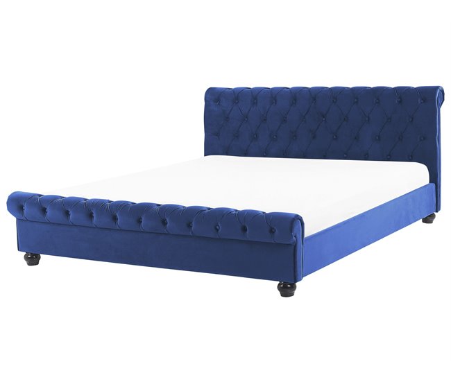 Beliani Cama con somier Terciopelo AVALLON 192x233 Azul Marino