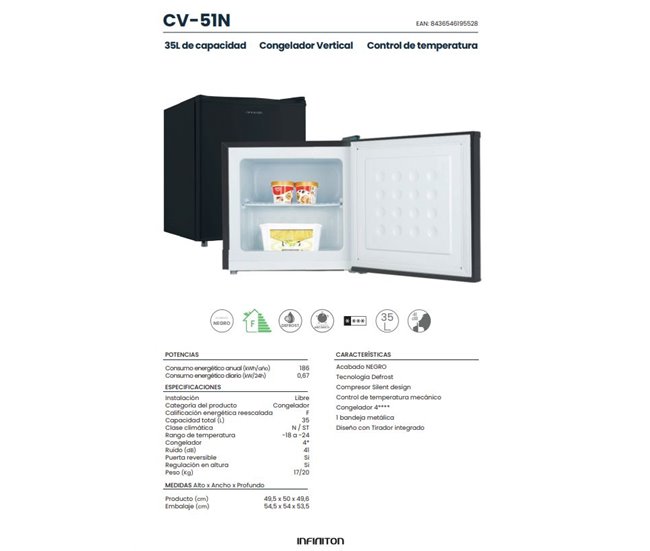 Congelador Vertical Infiniton CV-51N, 35 l, 50 cm, Ciclico Negro