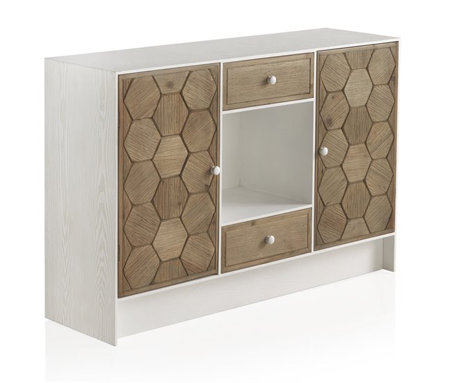 Aparador de madera de fresno 2 puertas y 3 cajones Natural/ Blanco