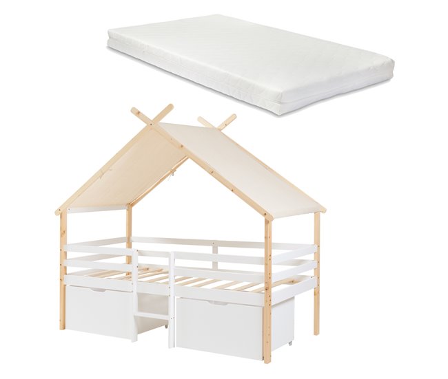Cama infantil Surnadal con colchón pino Blanco/ Madera