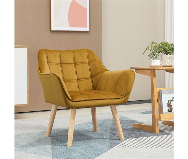 Butaca de Salón Terciopelo, Madera de Caucho HOMCOM Amarillo