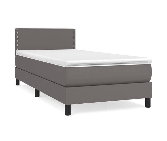 Conforama Cama box spring con colchón cuero sintético gris 90x190 cm Liso con clavos