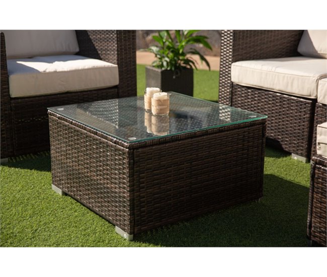Sofa Chaise Longue + Sillon + Mesa de Ratan PE Marron