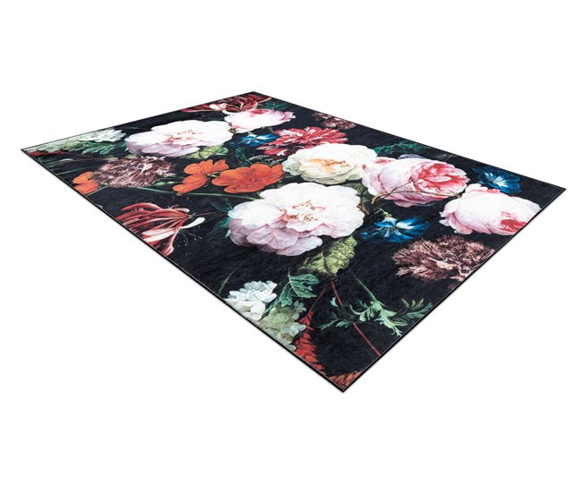 Alfombra lavable ANDRE 1629 flores vintage 120x170 Negro