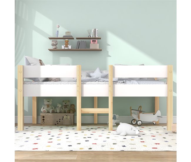 Cama alta infantil de madera de pino 198x97 Blanco/ Madera