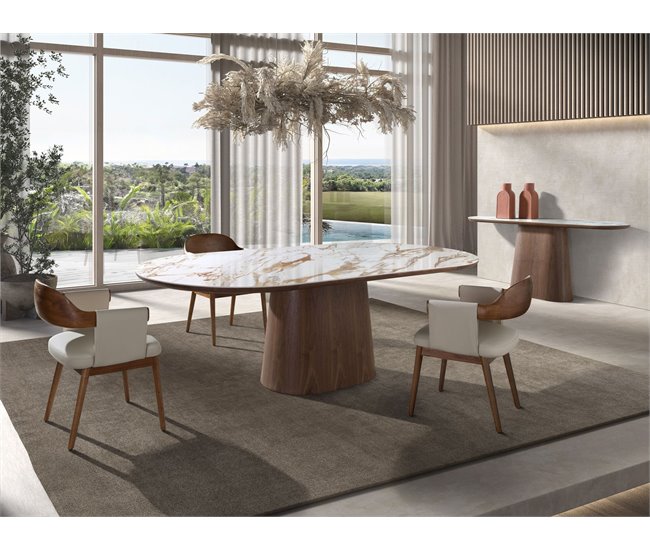 Consola ovalada medio punto mármol porcelánico Nogal