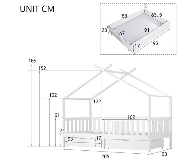 Cama cabaña infantil de madera maciza con 2 cajónes Blanco