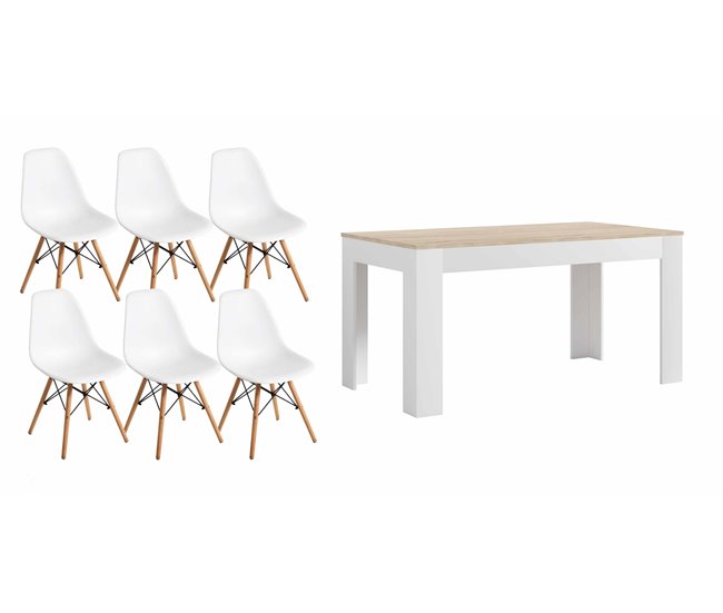 Mesa Extensible de Comedor o Cocina + 6 Sillas Estilo Nordico 178x80 Blanco/ Beige
