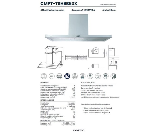 INFINITON Campana de Pared CMPT-TSH9B63X, 400 m3/h, T-Invertida Inox