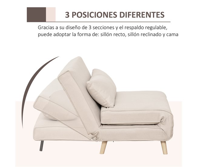 Sofá Cama Poliéster con Tacto de Lino, Madera de Caucho HOMCOM Crudo