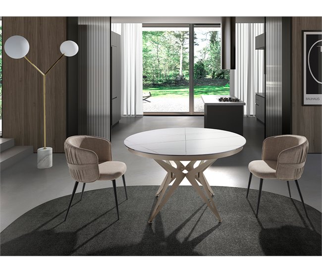 ANGEL CERDÁ Mesa comedor extensible redonda mármol porcelánico 170x120 Blanco