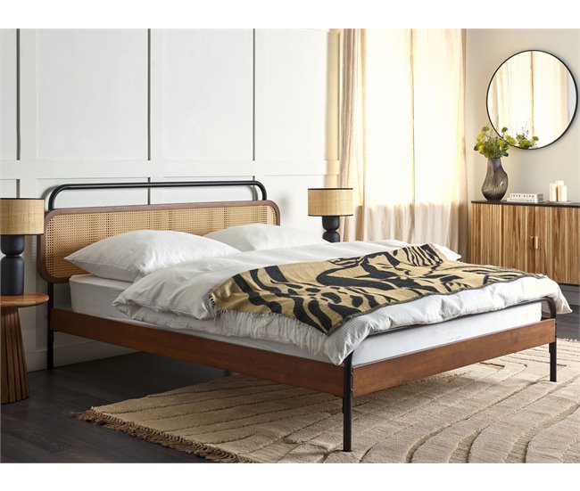 Beliani Cama con somier Madera de caucho BOUSSICOURT Marron