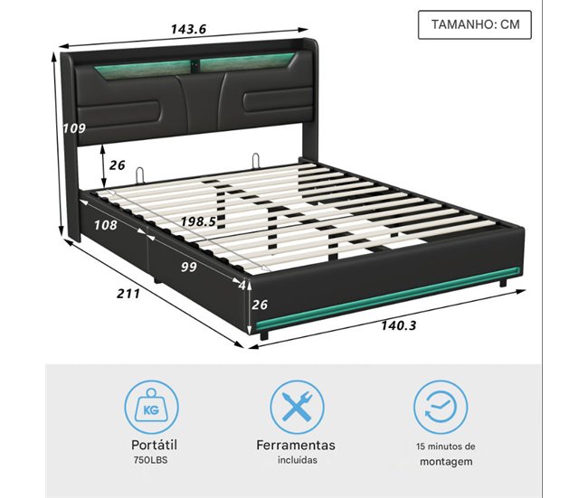 Cama, USB, LED, cama doble, cama funcional 143x211 Negro
