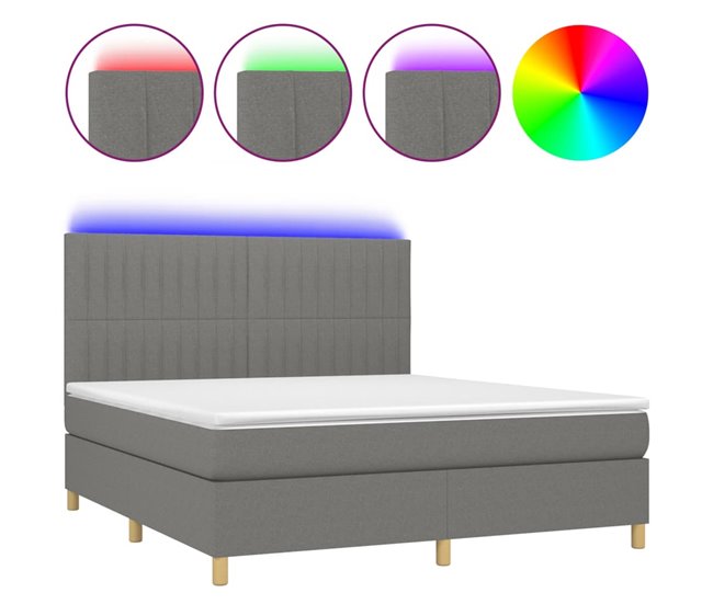 Conforama Cama box spring colchón y luces LED tela gris oscuro 180x200 cm Rayas verticales