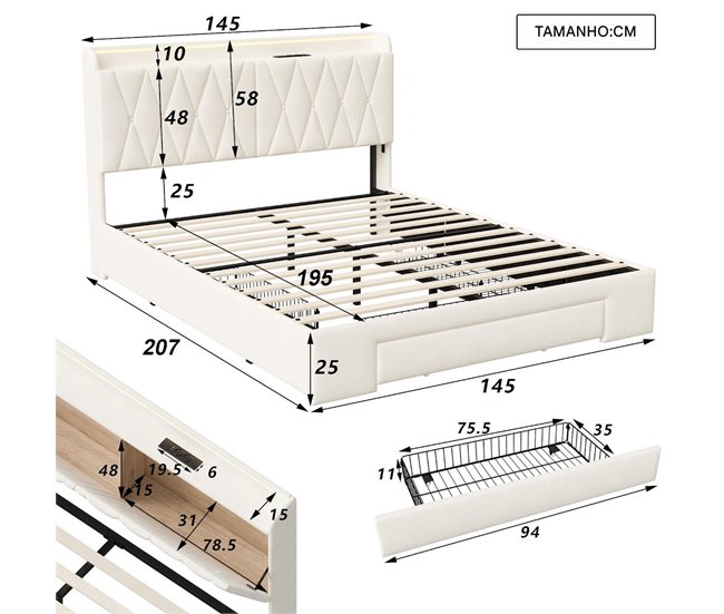Cama LED RGB, USB, cajones almacenaje Beige