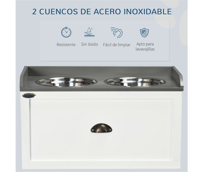 Comedero para Perros MDF, Acero Inoxidable PawHut Blanco