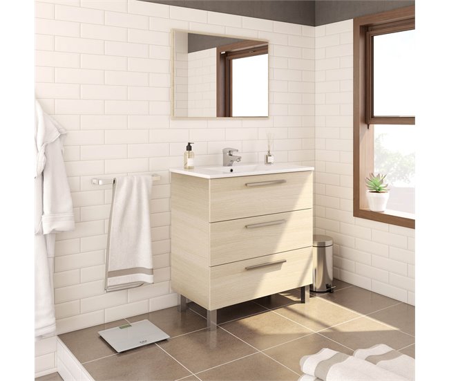 Mueble baño Alise 3 cajones, espejo y lavabo, Roble Roble