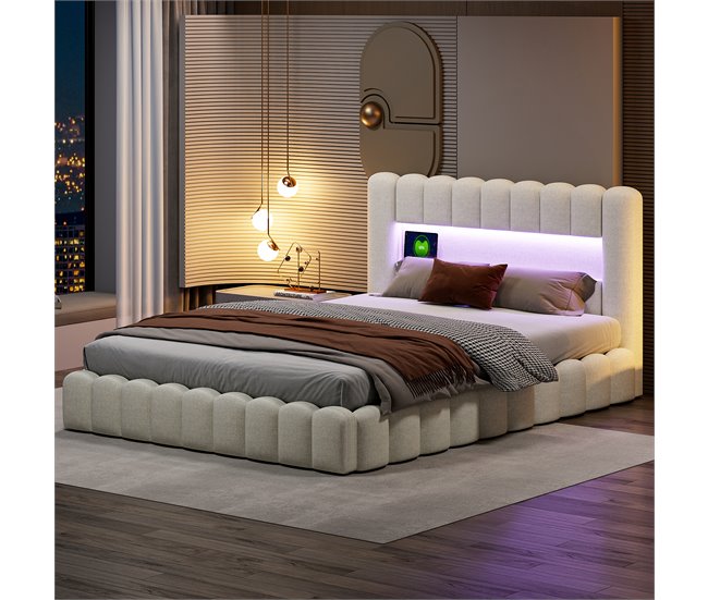Cama, cama hidráulica, USB, iluminación LED, cama doble 193x220 Beige
