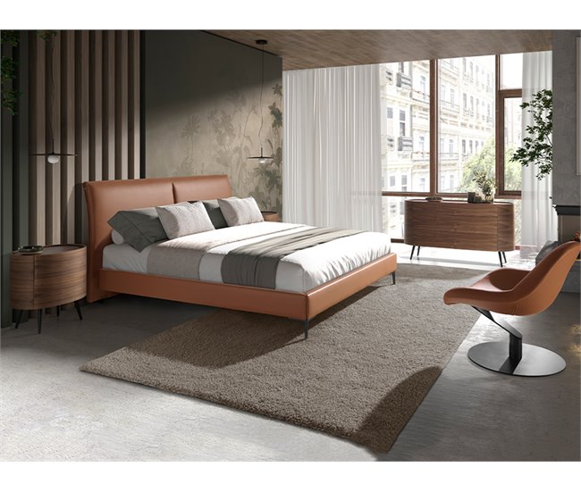 Cama matrimonio tapizada en polipiel Marron