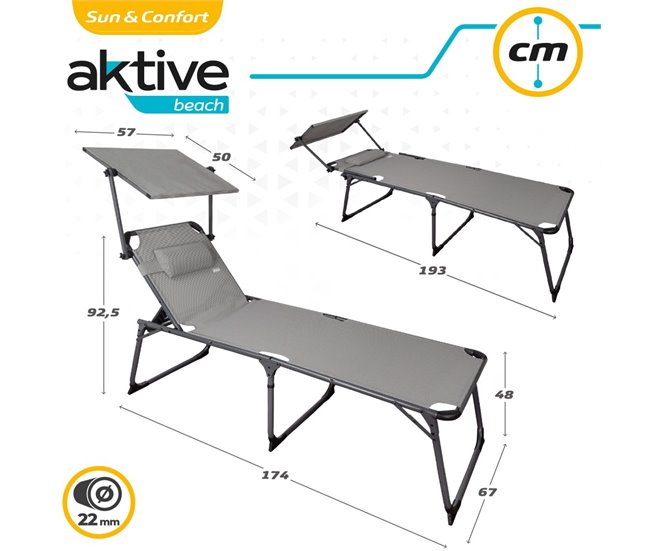 Tumbona plegable con parasol y cojín Aktive Gris