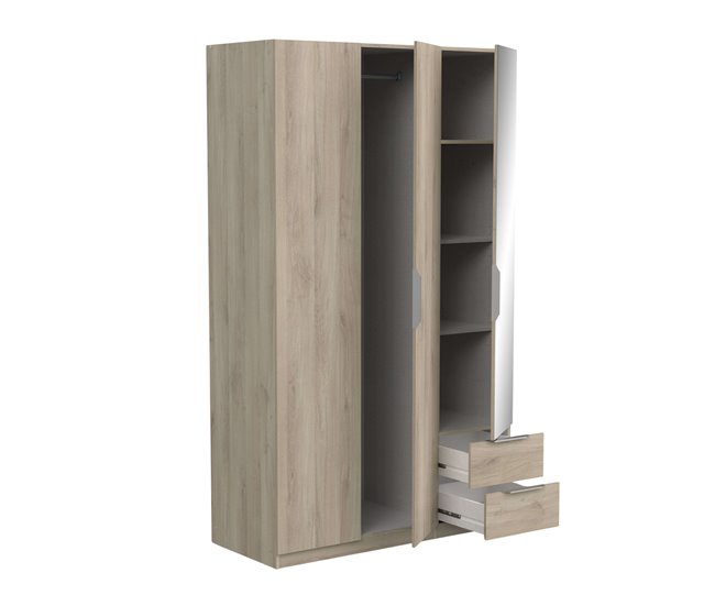 Armario Dormitorio Ghost 3 puertas, 2 cajones, espejo Madera Clara