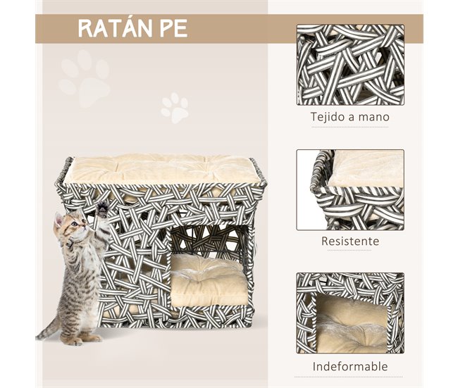 Cesta de Ratán para Gatos Metal, Ratán PE y Algodón PP PawHut Multicolor