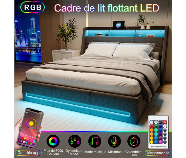 Cama, USB, Cama juvenil, LED Gris