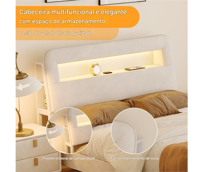 Cama con luces LED, puertos USB, puerto Tipo-C y cajones Beige