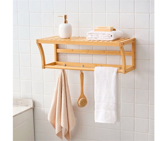 Estantería de pared Langeland con toallero y 4 ganchos bambú Natural