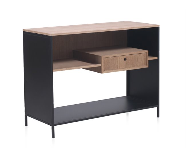 Aparador de fresno y metal negro con cajon y base de metal Negro