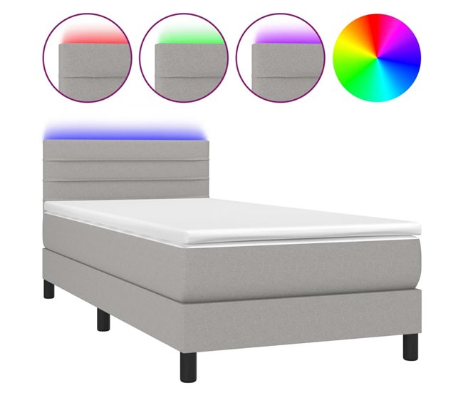 Conforama Cama box spring colchón y luces LED tela gris claro 90x190 cm Rayas horizontales