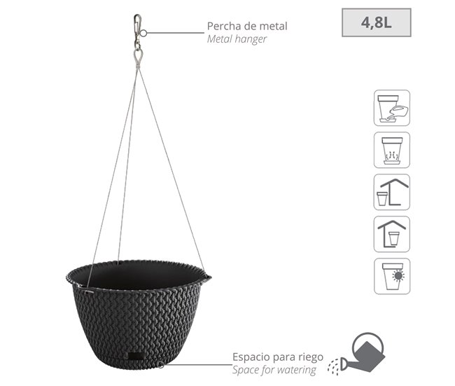 Maceta Redonda Colgante 4,8L Prosperplast Splofy Round W Antracita