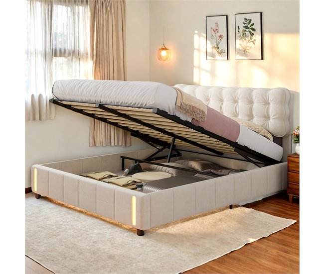 Cama tapizada, luces LED, espacio de almacenamiento Beige