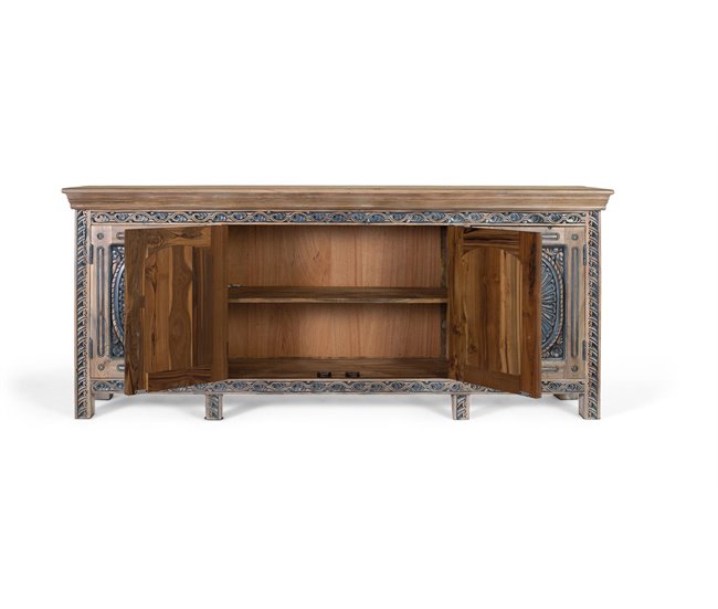 Aparador de teca tallada en dos tonos Azul