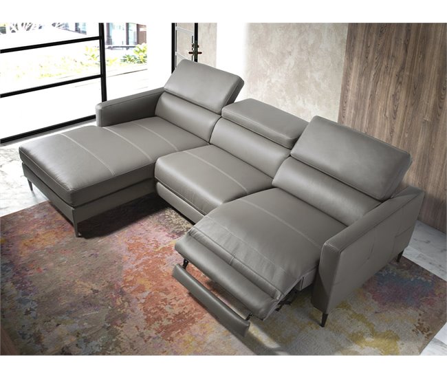 ANGEL CERDA Sofá chaise longue en piel con relax Gris Oscuro