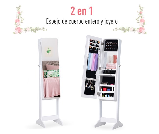 Joyero de Pie con Espejo MDF HOMCOM, hogar - decoración hogareña Blanco