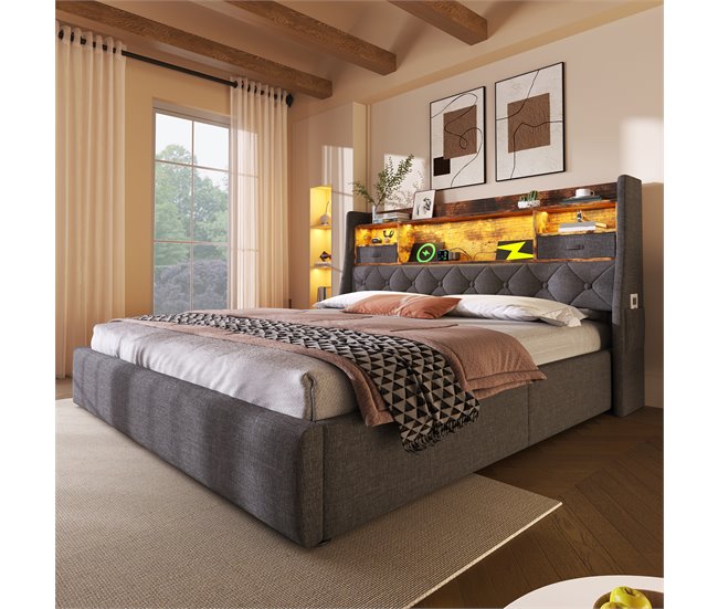 Cama de matrimonio de lino 193x221 Gris