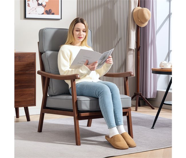 Butaca de Salón PU, Madera de Caucho HOMCOM Gris