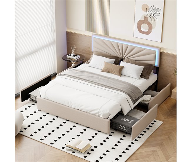 Cama con cabecero LED y 4 cajones de almacenaje Beige