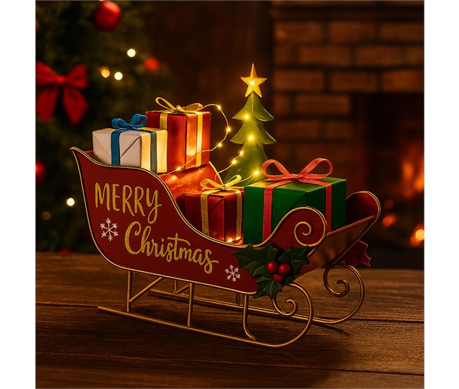 Figura decorativa de trineo con regalos de metal y luces LED Multicolor
